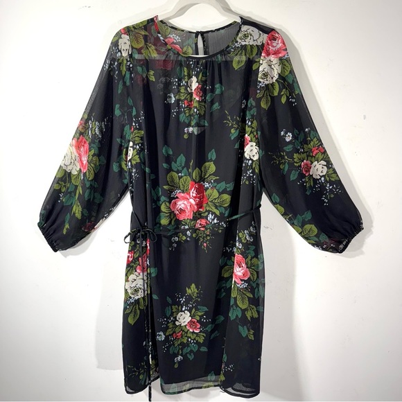 LOFT black Floral Long Sleeve Tie Waist Dress Sz L - Picture 4 of 14